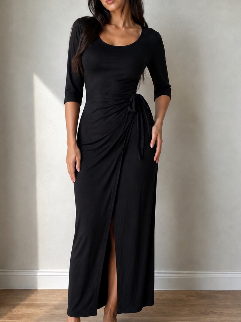 Rachel Pally Black Ruched Tie-Waist Maxi Dress